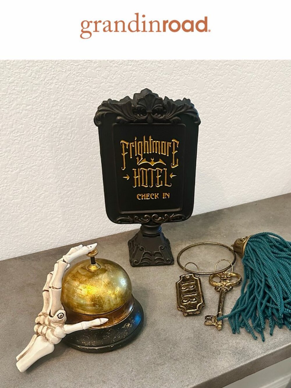 *RARE* Grandin Road Animated Service Bell + Sign + Haunted Key RETIRED Halloween